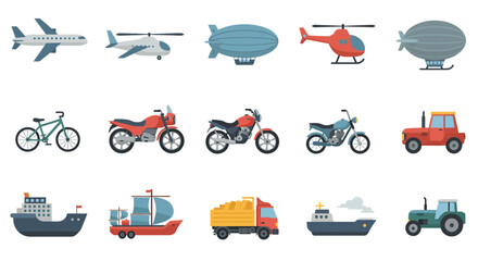 A comprehensive vector set of transportation icons including cars, trucks, trains, airplanes, buses, ships, and more, ideal for illustrating travel and traffic concepts