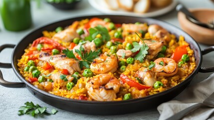 Colorful Seafood Paella with Fresh Vegetables and Aromatic Herbs