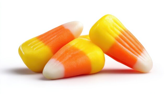 Close-up of three candy corn pieces against a white background, highlighting their vibrant yellow, orange, and white colors.