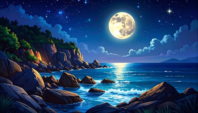 Night seascape with moonlit cliffs