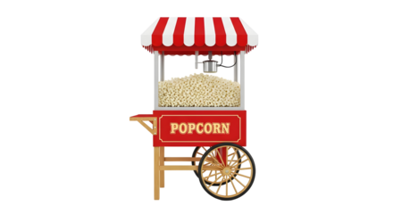 A vintage popcorn machine with red and white striped awning filled with popped kernels on black backdrop