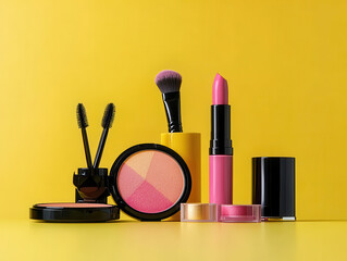 Vibrant display of makeup products including lipstick, blush, mascara, and brushes against bright yellow background, creating cheerful and lively atmosphere