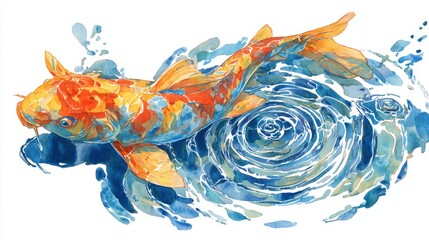 Vibrant Orange And Blue Koi Fish Jumping Over Delicate Water Ripples With Dynamic Brush Strokes White Background