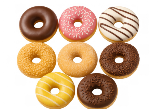 Colorful donuts dropping, showing glazed surfaces and sprinkled decorations, floating freely against transparent background for sweet culinary design