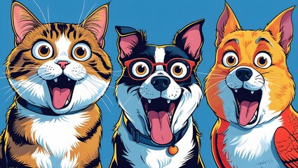 Happy Pets Trio: A cheerful illustration featuring a tabby cat and two dogs, each with wide eyes and open mouths, exuding joy and playfulness.