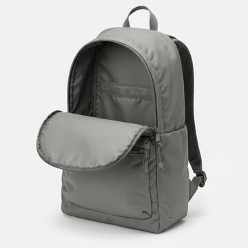 Modern gray backpack with front pocket and open main compartment, displayed on white background for travel, school, or product marketing.