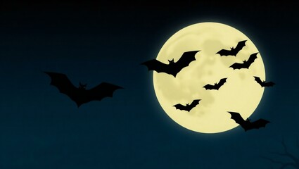 Silhouettes of bats flying against a large full moon on a dark night