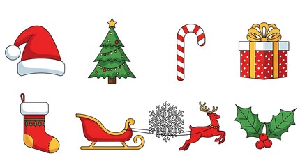 A collection of classic christmas icons including santa s hat tree candy cane gift stocking sleigh snowflake and holly