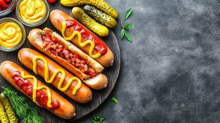 Delicious Hot Dogs with Mustard and Ketchup on a Rustic Table