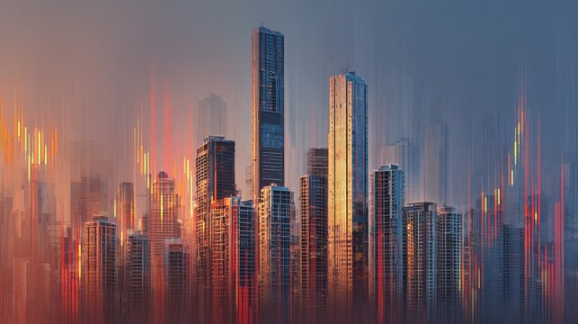 City skyscrapers with financial charts: real estate and investing concept