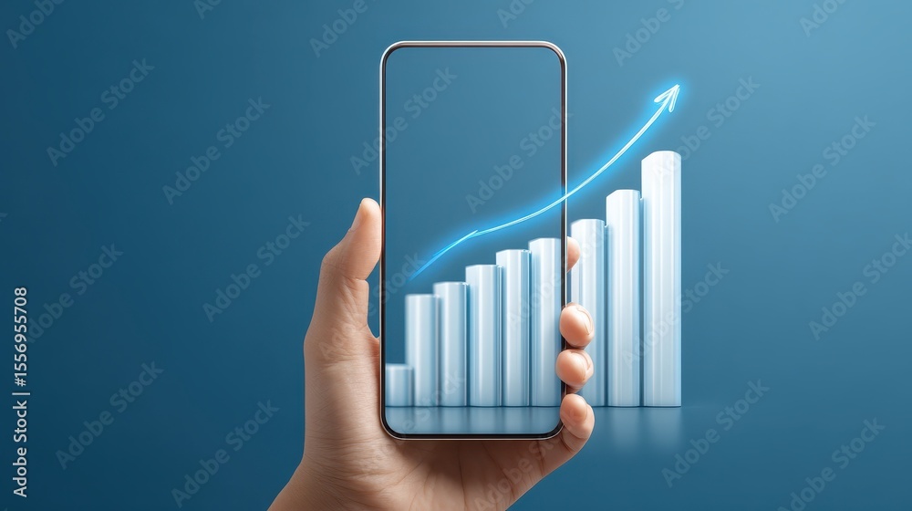 Poster a hand holding a smartphone with a 3d bar graph and upward curve projection emerging from the screen