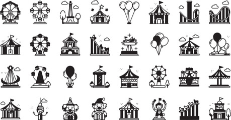 Amusement Park Icons Ferris Wheel, Carousel, Circus Tent, and More EPS Vector Illustrations