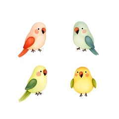 Fototapeta premium Set of Parrot Bird Icon Beak Avian Animal Pet Feather Wildlife Tropical Exotic Macaw Parakeet Birds Rainforest Endangered Creatures Watercolor Illustration