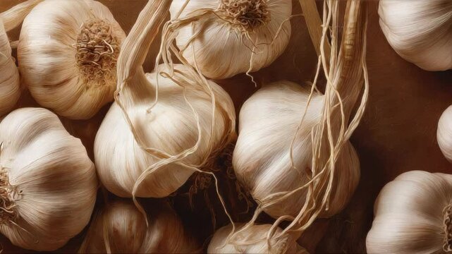 Artistic close-up view of organic garlic bulbs with intricate root systems for culinary use