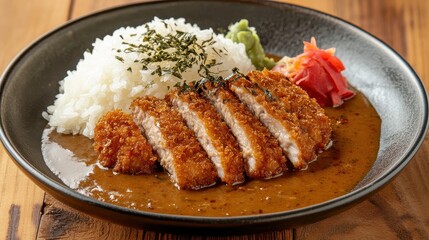 Delicious Japanese Curry Rice with Crispy Pork Cutlet and Garnishes