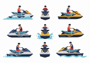 Set of flat design vector illustrations showing people riding jet skis on water from various angles.