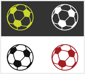 Four stylized soccer balls in different colors on contrasting backgrounds
