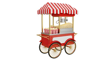 A red and white popcorn cart with a striped awning and popcorn boxes on a black background render