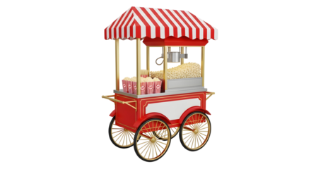 A red and white popcorn cart with a striped awning and popcorn boxes on a black background render