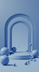 Modern Blue 3D Podium Scene with Abstract Archways and Spheres – Minimal Futuristic Display