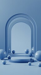 Modern Blue 3D Podium Scene with Abstract Archways and Spheres – Minimal Futuristic Display