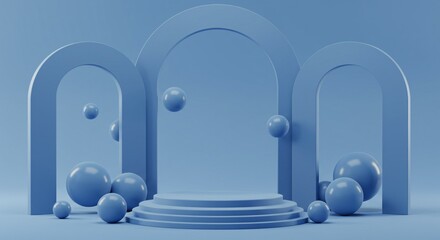 Modern Blue 3D Podium Scene with Abstract Archways and Spheres – Minimal Futuristic Display