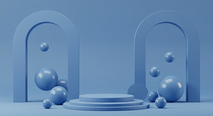 Modern Blue 3D Podium Scene with Abstract Archways and Spheres – Minimal Futuristic Display