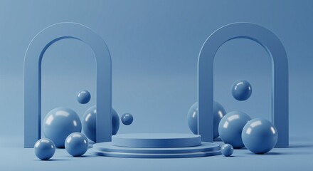 Modern Blue 3D Podium Scene with Abstract Archways and Spheres – Minimal Futuristic Display