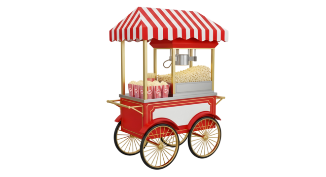 A red and white popcorn cart with a striped awning and popcorn boxes on a black background render