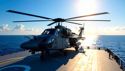 Military Helicopter on Warship Deck at Sea A Stunning Image