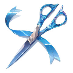 Blue ribbon and crystal - like scissors illustration for cutting - related projects, with sleek design and reflective surfaces 