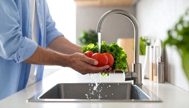 Man washing tomatoes and lettuce