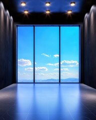 Modern Interior with Large Windows and Scenic Blue Sky View