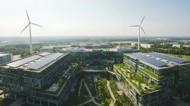 Aerial Shot of Modern Green Buildings with Solar Panels and Wind Turbines on a Sunny Day