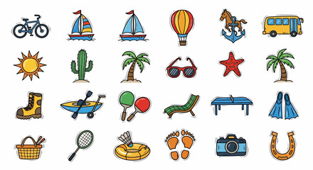 Collection of Colorful Doodle Summer Vacation Icons: Bicycle, Sailboats, Hot Air Balloon, Anchor with Horse, School Bus, Sun, Cactus, Palm Trees, Sunglasses, St