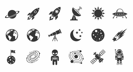 Collection of Sixteen Monochrome Space Icons: Rockets, Planets, Stars, Astronaut, and UFO
