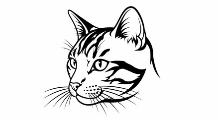 Detailed Black and White Cat Head Illustration, Vector Graphic Design