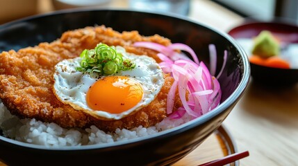 Delicious bowl of crispy chicken with egg and pickled vegetables