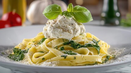 Creamy Fettuccine Pasta with Spinach and Ricotta Topped with Basil