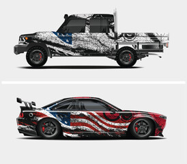 Two Cars with American Flag Inspired Cracked Paint Designs on a White Background