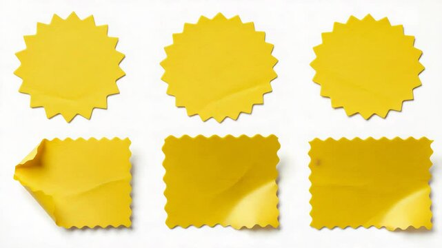 Assortment of Yellow Price Tags on White Background Round and Square Stickers with Curled Corners Adhesive Ready