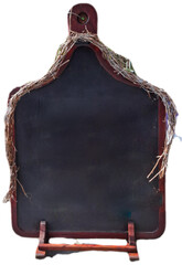 clean board with chalk.
close-up of large dark brown decorative board in the shape of a kitchen...