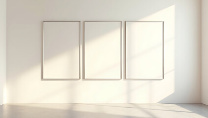 minimalist, modern, empty room, white walls, natural light, three blank canvas frames, high ceilings, minimalist interior design, clean lines, simple, serene, bright, airy, photorealistic
