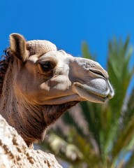 Close-up of a Camel with Bright Blue Sky and Palm Background