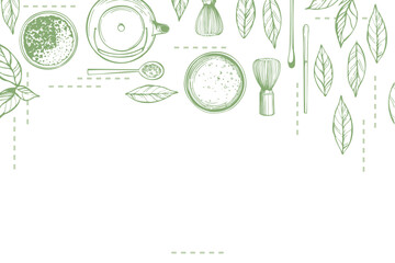 Hand-drawn matcha tea set.  Vector background.  Sketch illustration