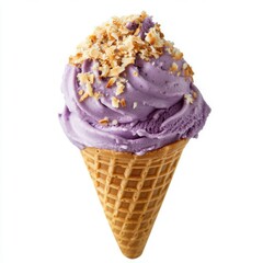 A different delicious Filipino dessert, Ube Ice Cream in a waffle cone, with a swirl of creamy purple yam ice cream and sprinkles of toasted