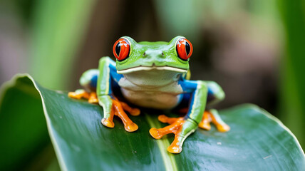 Fototapeta premium A vibrant redeyed tree frog perches on a lush green leaf