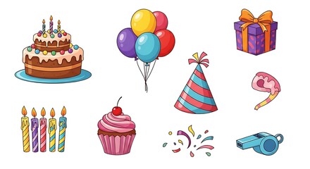 Collection of colorful cartoon birthday party elements including cake balloons gift hat candles cupcake and noisemaker