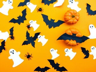 Cute halloween decorations featuring ghosts bats spiders and pumpkins on orange background