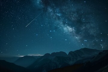 Bright meteor shower streaking across starry sky above dark mountain range, peaceful and majestic, nature nightscape.